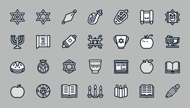 A collection of Jewish holiday and religious symbols depicted as outline icons on a gray background, including menorahs, Torah scrolls, Stars of David, and apples.