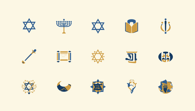 Collection of Jewish religious symbols and icons in blue and gold, including Star of David, menorah, and Torah scrolls, representing Jewish culture and faith.
