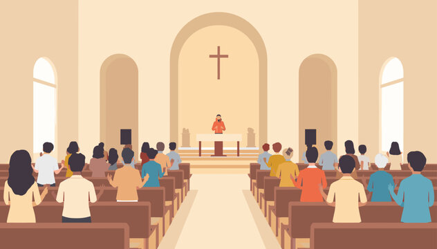 People attending a religious service inside a church, with a priest officiating at the altar under a cross.