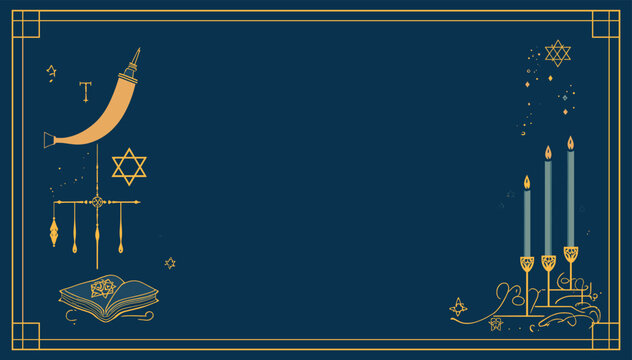 Elegant Jewish holiday background with shofar, menorah, Star of David, and sacred book on a deep blue and gold design, perfect for religious celebrations.