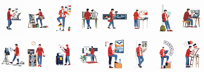 Fototapeta premium Collection of illustrations depicting a creative professional working on various digital art, animation, and film production tasks.