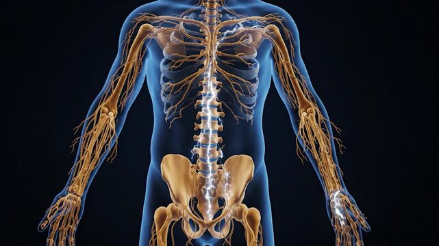 Human Nervous System Anatomy: A detailed anatomical illustration showcases the intricate network of nerves and the skeletal structure of the human body.