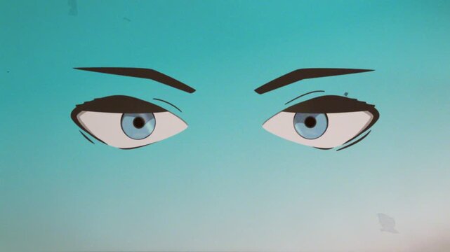Pair of stylized cartoon eyes with vintage 16mm grain on a teal backdrop, retro comic look ideal for nostalgic intros, social media and creative advertising.