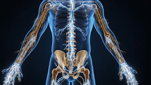 Human Nervous System Anatomy: A detailed 3D render showcasing the intricate network of the human nervous system, highlighting the brain, spinal cord, and peripheral nerves.
