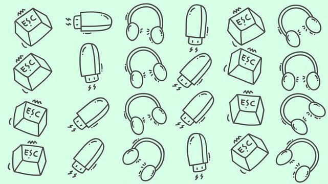 Hand-drawn doodles of tech gadgets on transparent background. Headphones and USB drives shaped like quirky icons. Each item drawn in simple, sketchy style