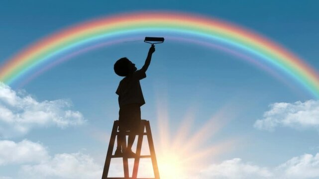Child silhouette on ladder reaching out to paint a rainbow in the sky with clouds and sunshine shining through in the background