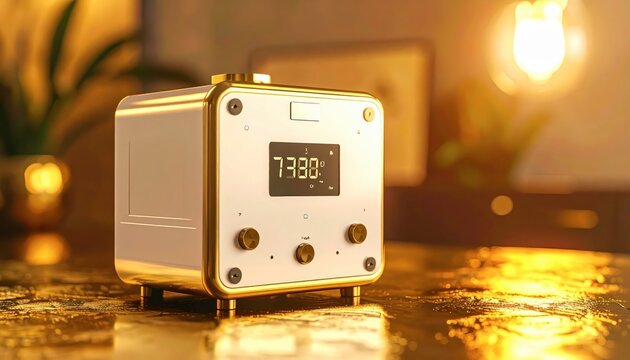 Golden digital alarm clock on table.