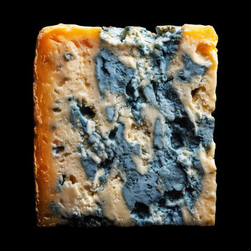 Blue veined cheese dorblu isolated on black background with clipping path, concept of natural dairy food and condiment.