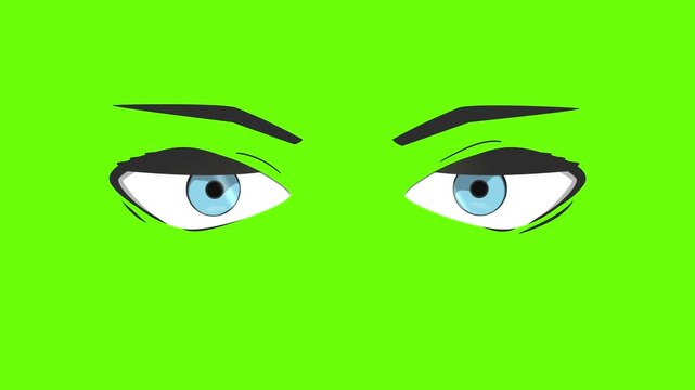 Cartoon character eyes blinking with an angry frown on a green screen, loopable motion graphic for chroma keying into memes, ads and social media videos.