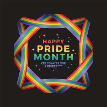Happy pride month - Text in frame with two rainbow pride flag curve and cross on black background vector design