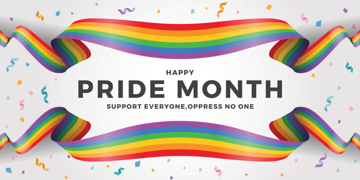 Happy pride month - Text and long rainbow pride flag waving waving top and bottom and party popper around vector design