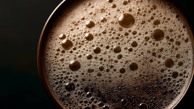 Glass of dark stout beer with thick foam head bubbles. Beverage in pub for International Beer Day. Refreshing alcoholic drink served in brewery for celebration.