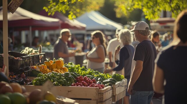 A vibrant farmers market scene with various fresh vegetables and fruits displayed. People of diverse backgrounds interact and shop in a sunny outdoor setting.