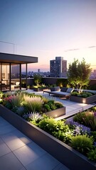 Obraz premium A serene rooftop garden at dusk with lush greenery and modern seating