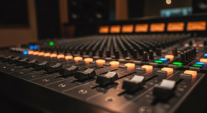 Close up of audio sound mixer with illuminated buttons. Mixing console for recording, journalism, interviews and radio broadcast.