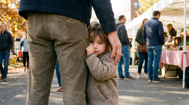 Shy child hiding behind father's leg at busy outdoor market, seeking protection, safety and comfort