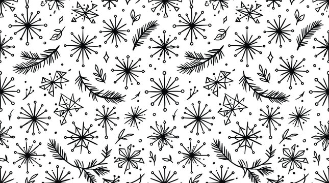 Black and white snowflake pattern with pine needles and leaves on white background