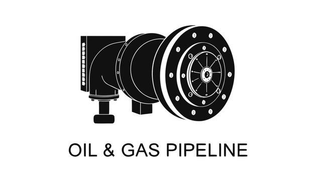 Very beautiful close-up black and white vector illustration of an OIL & GAS PIPELINE featuring detailed steel pipe construction, industrial transport infrastructure, and professional engineering styli
