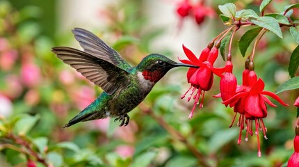 Obraz premium Hummingbird Hovering Over Red Tubular Flowers