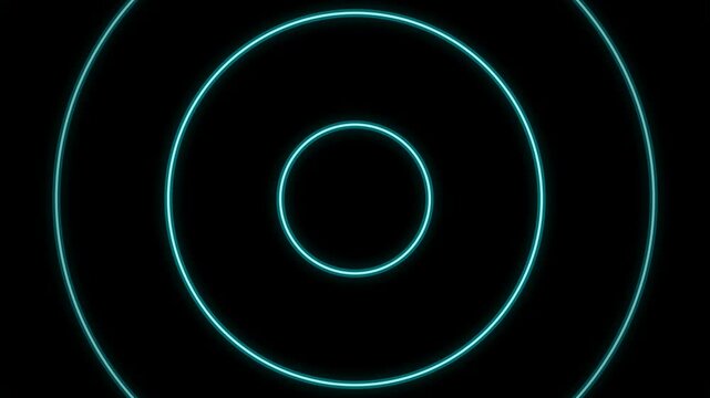 Abstract neon blue concentric circles pulsing on black background