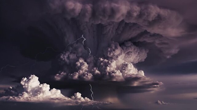 Massive storm clouds form a dramatic mushroom shape in the sky