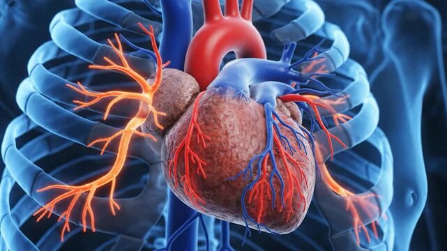 Human Heart Anatomy: A detailed anatomical illustration of the human heart, showcasing its chambers, valves, and major blood vessels, set against a transparent rib cage.