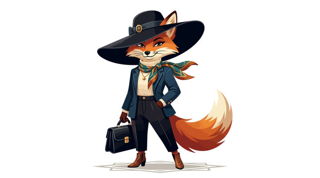 Business fox in suit and hat with briefcase