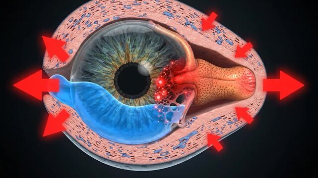 Eye Anatomy and Fluid Dynamics: A detailed cross-section of the human eye reveals its intricate anatomical structures, illustrating fluid dynamics with vibrant colors and directional arrows.
