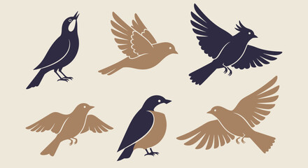 Fototapeta premium Vintage bird silhouettes collection, set of 6 stylized flying and perched songbird icons, brown and navy blue avian vector illustrations
