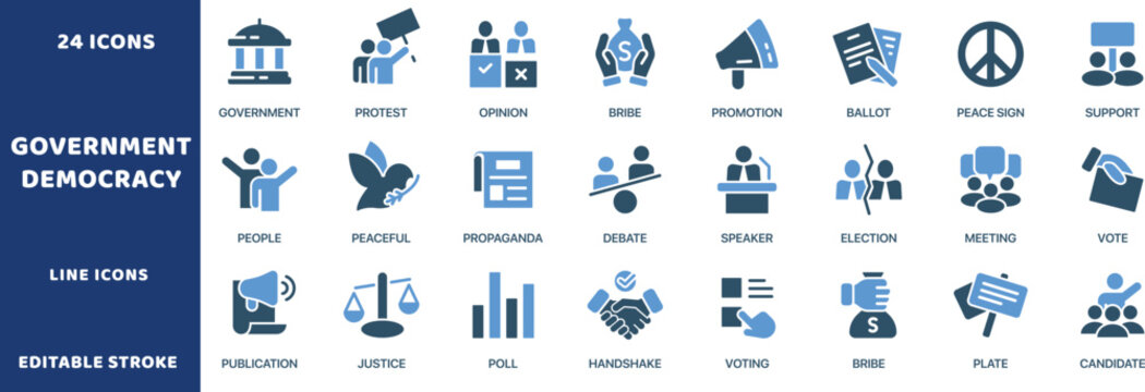 Government democracy vector icons. Political election system and civic voting line signs set. Public campaign icon