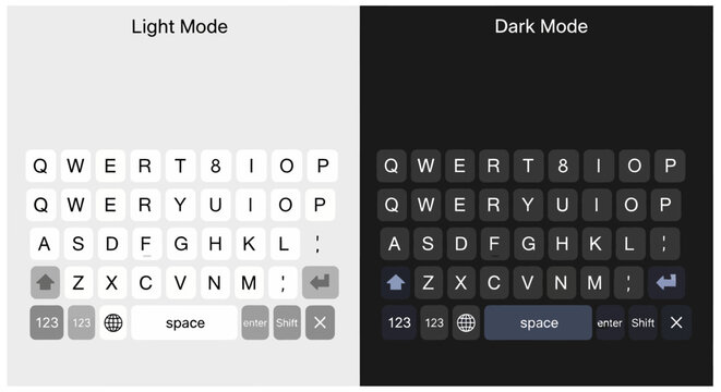 Mobile smartphone keyboard vector, light mode and dark mode UI design, digital virtual keypad for messaging and typing apps