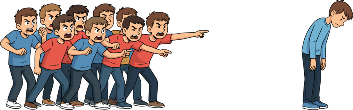 Angry Aggressive Crowd Pointing Fingers at Lonely Sad Boy to Illustrate Social Bullying, Public Shaming, Discrimination, and Psychological Harassment Concepts