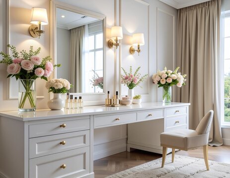 Luxurious White Makeup Vanity Table with Elegant Lighting and Fresh Flowers in a Bright Interior