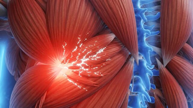 Muscular Discomfort: A close-up, stylized illustration depicts human muscle tissue, highlighting a painful red area of inflammation or strain near the shoulder, alongside a luminous blue spine.