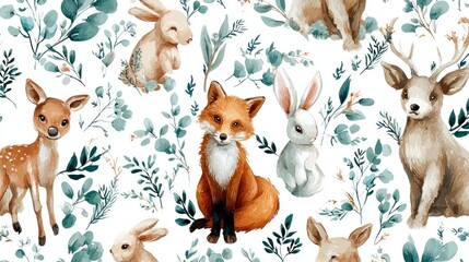 Obraz premium Watercolor woodland animals (deer, fox, bunnies) amidst teal foliage on a white background