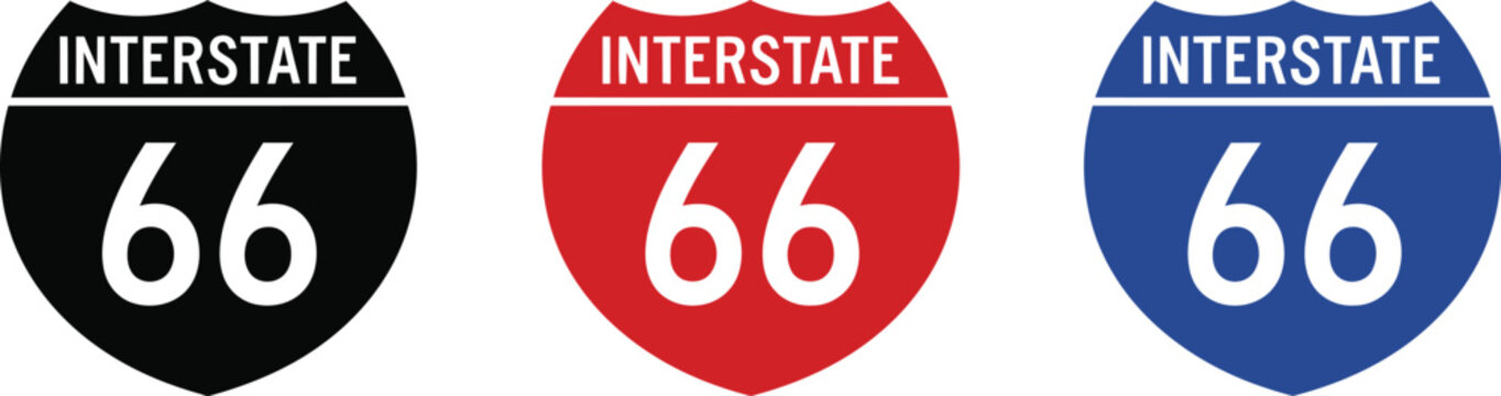 Interstate 66 highway sign icons in black, red, and blue isolated on white background