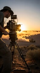 Fototapeta premium Caucasian man videographer filming military vehicles convoy in desert at sunset. Journalist covering extreme news reportage. Documentary filmmaking concept.
