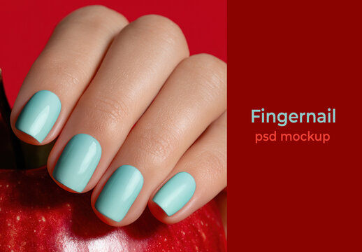 Mint Nails Mockup Holding Red Apple Against Vibrant Background PSD