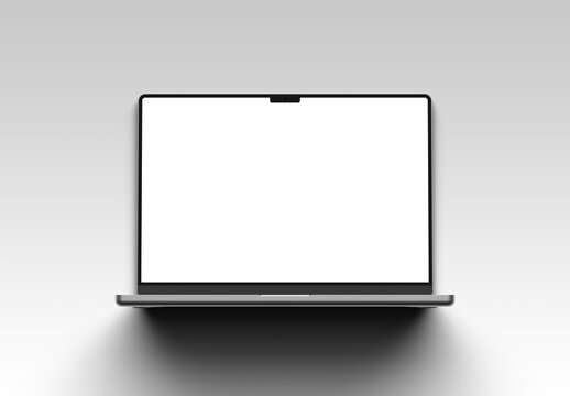 Modern laptop with blank screen isolated on clean white background with strong shadow front view, 3D rendering	