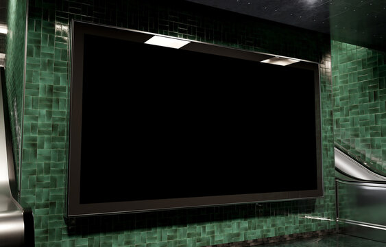 Large blank billboard on dark green underground wall. Horizontal hoarding mockup in subway station. 3D rendering