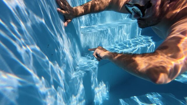 Man Pointing at Pool Wall Damage During Underwater Inspection