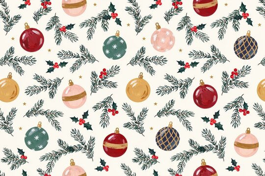 Seamless christmas background, pattern with watercolor, of pine branches, holly berries, and, decorative baubles on, white surface