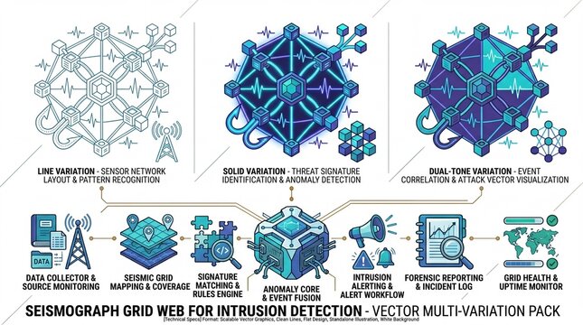 Seismograph Grid Web for Intrusion Detection, a vector multi-variation pack. Real-time threat signature identification and anomaly detection, a sensor network layout and pattern recognition