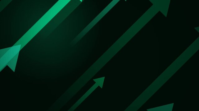 Abstract green arrows rising on dark gradient background