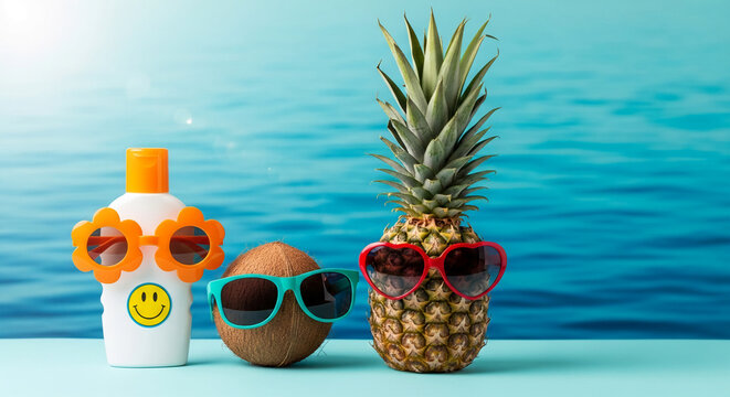 Summer concept with a sunscreen bottle, coconut, and pineapple wearing sunglasses against a blue water background, symbolizing vacation and fun