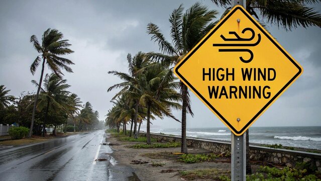 A high wind warning sign on a road next to the ocean with palm trees blowing in the wind on a stormy day with dark clouds