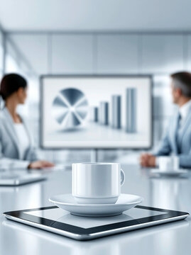 A business meeting in progress, with a focus on a presentation slide showing a diversified portfolio with private equity allocations. The professional setting underscores the strategic discussions
