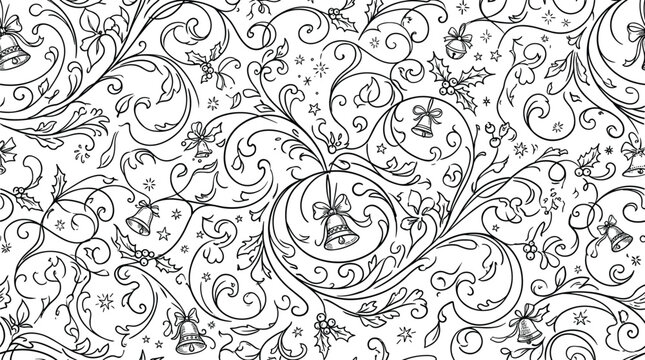 Intricate black and white christmas pattern with bells holly and flourishes for holiday designs