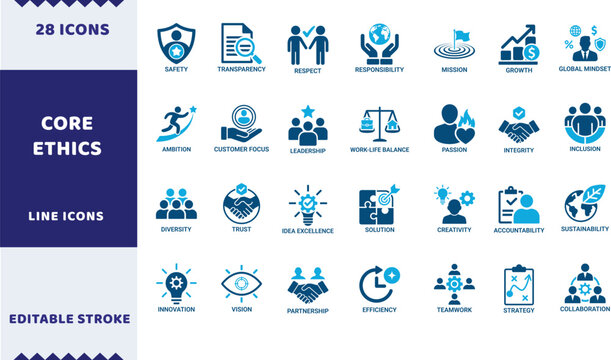 Core ethics vector icons. Corporate values and business responsibility line signs set. Company integrity icon