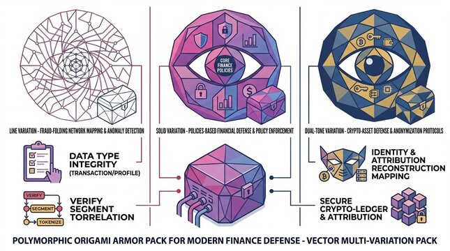 Polymorphic Origami Armor Pack for Modern Finance Defense. Vector Multi-Variation Pack with 40 Icons, Data Type Integrity, and Secure Crypto-Ledger & Attribution Mapping. Abstract Geometric